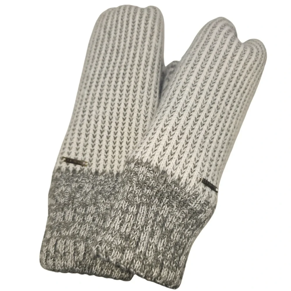 LL Bean Womens Marled Knit Fleece Lined Mittens Grey White OSFA 507856
